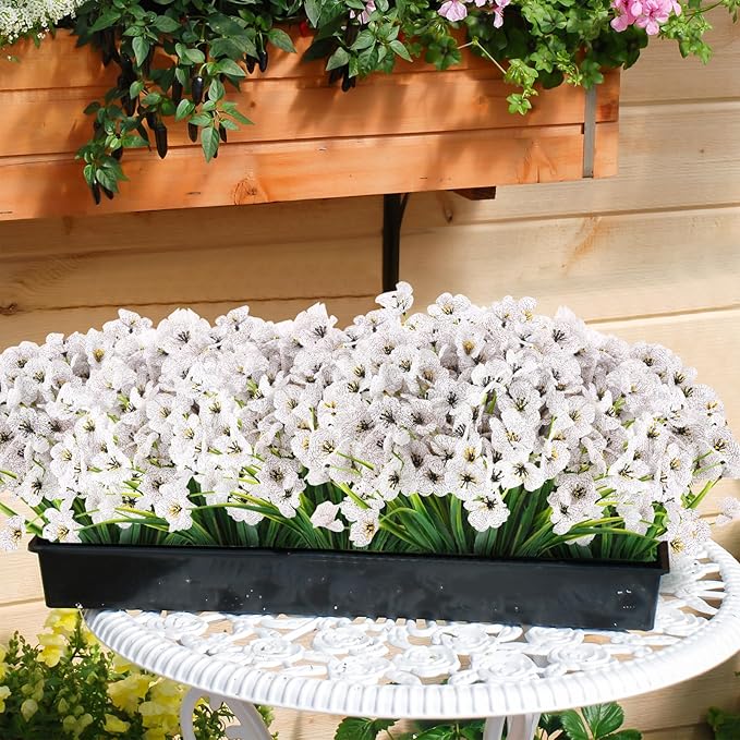 22 Bunches of Outdoor Artificial Flowers, UV Resistant Fake Flowers Artificial Silk Flowers with Plastic Plants for Indoor Outdoor Front Porch Hanging Planter Decoration (22, White)