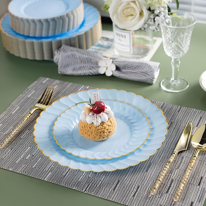 Lullaby 60PCS Light Blue Plastic Plates with Gold Rim, Includes 30PCS Dinner Plate 10'' and 30PCS Dessert Plate 7.5'', Baby Blue Plastic Plates for Party, Wedding and Daily Use