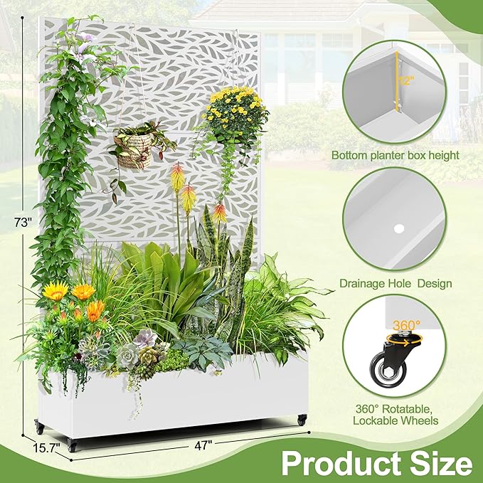 Raised Garden Bed with Trellis and Wheels,73"x47"x16" Metal Raised Garden Bed,White Flowing Leaf Metal Planter with Climbing Trellis for Vines & Vegetables