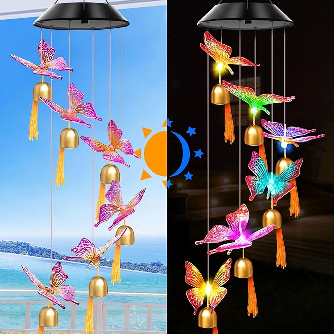 Solar Wind Chimes Outdoor Color Changing Lights, Gift for Women Mom Grandma Sister Best Gifts, Wind Chimes Unique Outdoor Garden Yard Decor (Purple Butterfly Bell)