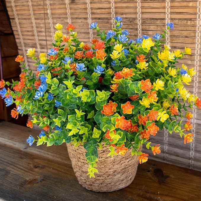 Artificial Flowers Outdoors, 12 Bundles Fake Flowers UV-Anti for Decoration Faux Plastic Plants Garden Porch Window Box Décor, WhitePinkYellowOrangeBlueGreen