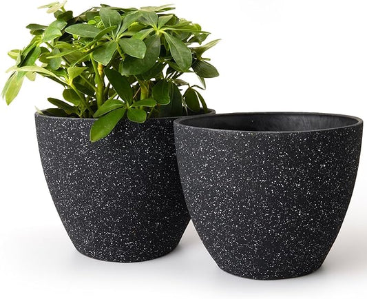 LA JOLIE MUSE Flower Pots Outdoor Garden Planters, Indoor Plant Pots with Drainage Holes, Plastic, Speckled Black, Set 2 (7.5 + 7.5 Inch)