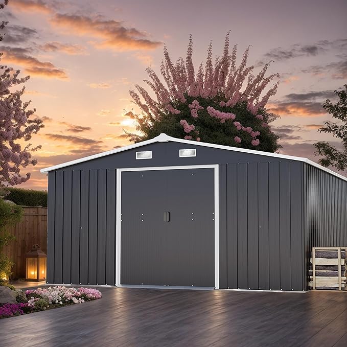 KEIKI 10'x12' Metal Storage Shed, Outdoor Garden Shed with 2 Doors & 2 Windows - Heavy-Duty Steel Construction, Includes Foundation Kit - Ideal for Backyard, Patio, Lawn Storage - Dark Gray