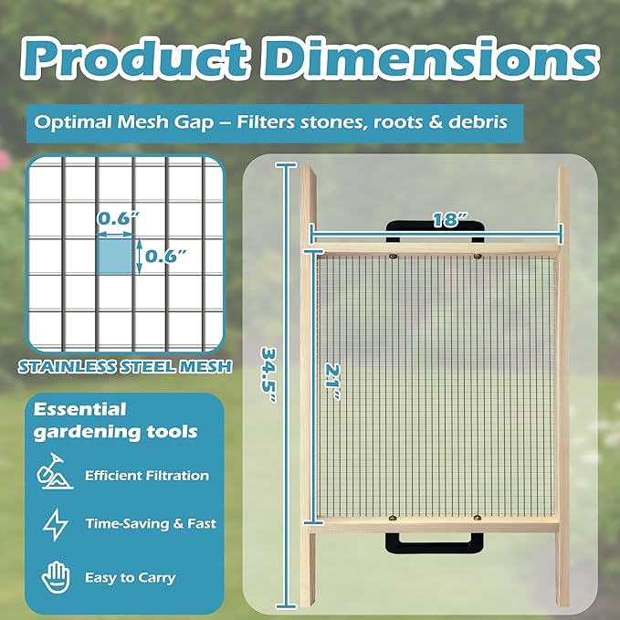 Large Soil Sifter, Rock Sifter Garden Sieve Soil Dirt Leaves for Gardening, 18'' × 34.5'' Compost Sifter Suitable for Wheelbarrow and Handheld