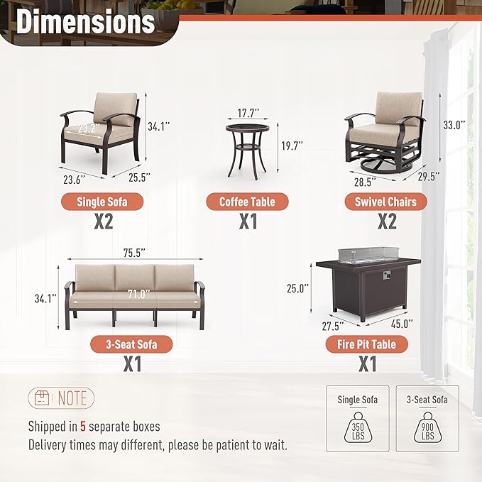 Kurapika Aluminum Patio Furniture Set 7-Seat Modern Metal Outdoor Conversation Sets w/45in Propane Fire Pit Table, Swivel Rocking Chairs Patio Sectional Sofa w/5.1 Inch Cushion, Sand