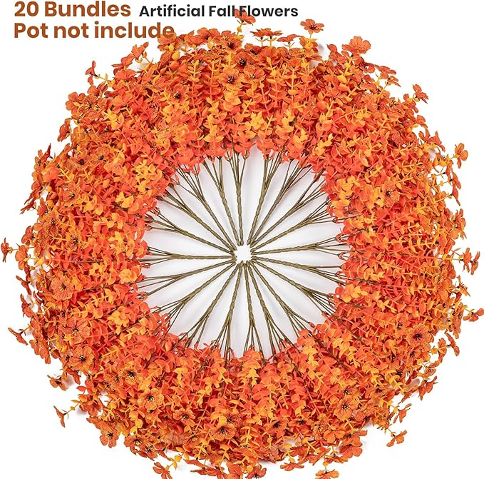 20 Bundles Artificial Flowers for Outdoor Fake Plants for Autumn Decoration,Faux Eucalyptus Flowers for Planter UV Resistant Lifelike for Home Porch Garden (Fall Red)