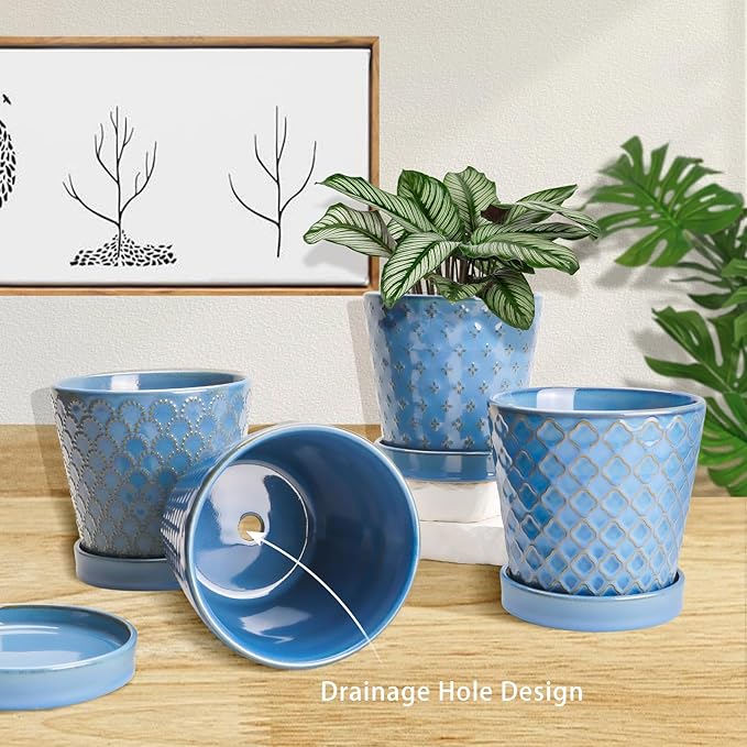 Plant Pots, 5 Inch Pots for Indoor Plants, Planters with Drainage Hole and Saucer, Ceramic Flower Pots Desktop Office Windowsill Decoration Gift Set of 4 - Sky Blue