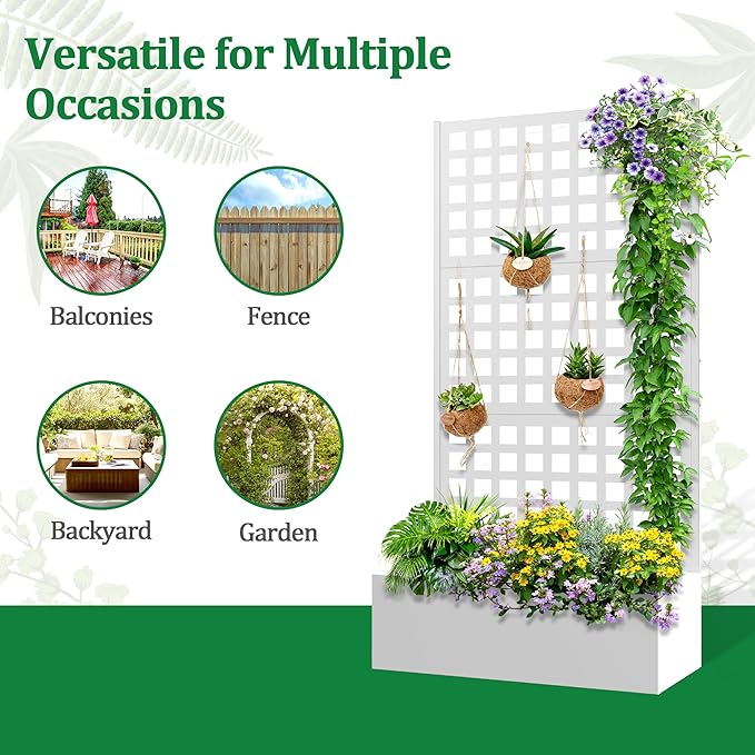 Metal Raised Garden Bed with Trellis, 2 in 1 Trellis with Planter Box & Privacy Screen for Climbing Plants, Vine, Outdoor Standing Flower Beds with Drainage Holes, 35.4"L x 16.7"W x 70.8"H, White