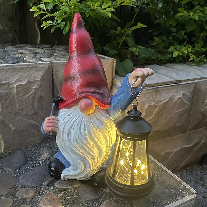 Garden Gnome Outdoor Decoration with Hammer Solar Gnomes Figurines with Lantern LED Lights Yard Lawn Patio Porch Decoration Gift for Woman Mother's Day Birthday Housewarming Gifts