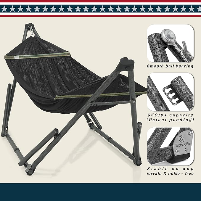 Tranquillo Uniki 3-Year Warranty Hammock Stand, Instant 30s Foldable Hammock with Stand, 550 lbs Capacity Camping Hammock for 1 Persons, Portable & Durable Premium Hammock, Black