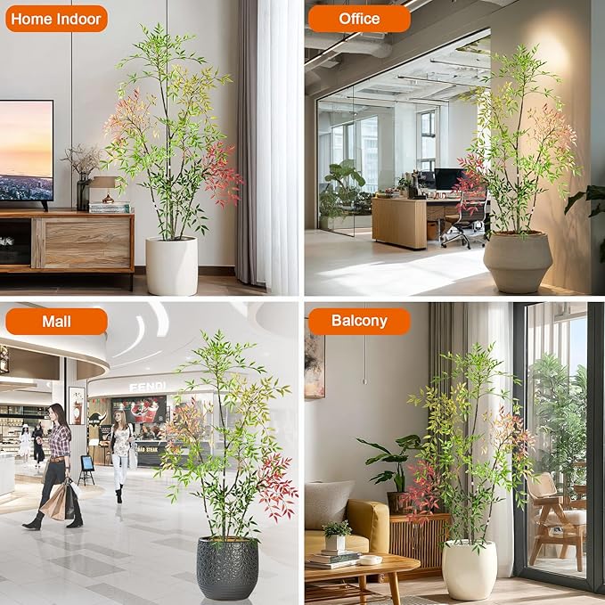 6ft Faux Bamboo Tree Artificial Nandina Tree Artificial Indoor Plants Realistic Fake Potted Tree with 800+ Leaves, Cement Planter - Home Office Decor Perfect for Housewarming Gift Non-Toxic