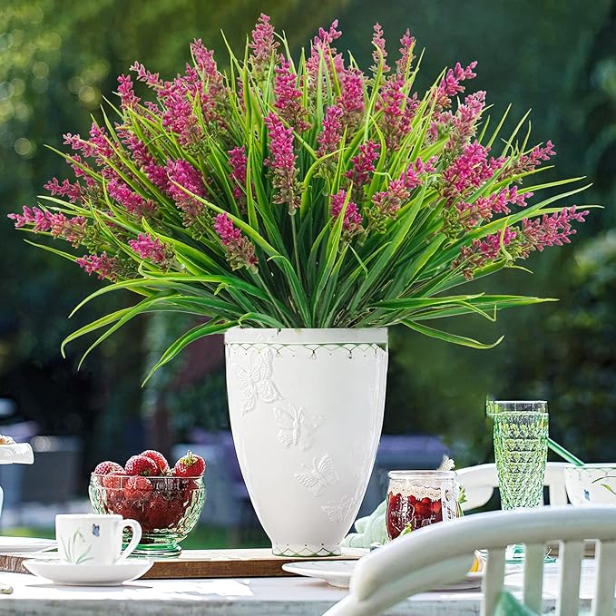 12 Bundles Artificial Plants Outdoor, 18.2" UV Resistant Faux Monkey Grass Greenery Stems No Fade Faux Plastic Flowers Shrubs for Home Weddings Garden Porch Front Patio Office Decor - Rose Red