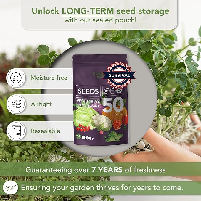 Garden Pack Seeds Pouch - 50 Varieties of Herb, Flower & Vegetable Seeds for Planting - 25,000 Non GMO Heirloom Seeds - Garden Seeds for Vegetable Garden