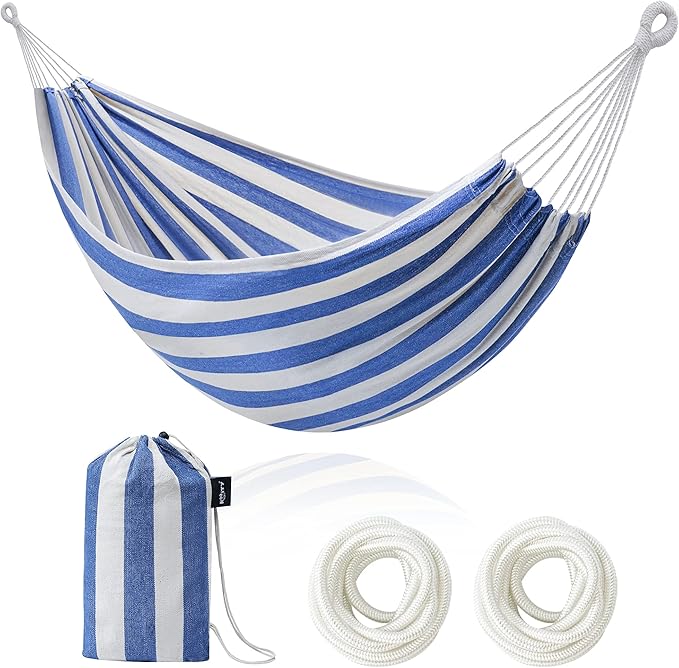 Double Hammock Brazilian Hammocks with Portable Carrying Bag,Soft Cotton Fabric, Up to 450 Lbs Hanging for Patio,Trees,Garden,Backyard,Porch,Outdoor and Indoor XXX-Large Stripe (Blue-White)