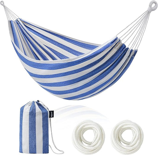 Double Hammock Brazilian Hammocks with Portable Carrying Bag,Soft Cotton Fabric, Up to 450 Lbs Hanging for Patio,Trees,Garden,Backyard,Porch,Outdoor and Indoor XXX-Large Stripe (Blue-White)