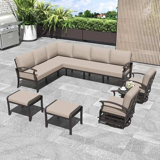 Kurapika Patio Furniture Set 10-Piece Aluminum Sectional Sofa with Armrest, Modern Outdoor Conversation Set, Metal Corner Sofa with Ottoman, Sand