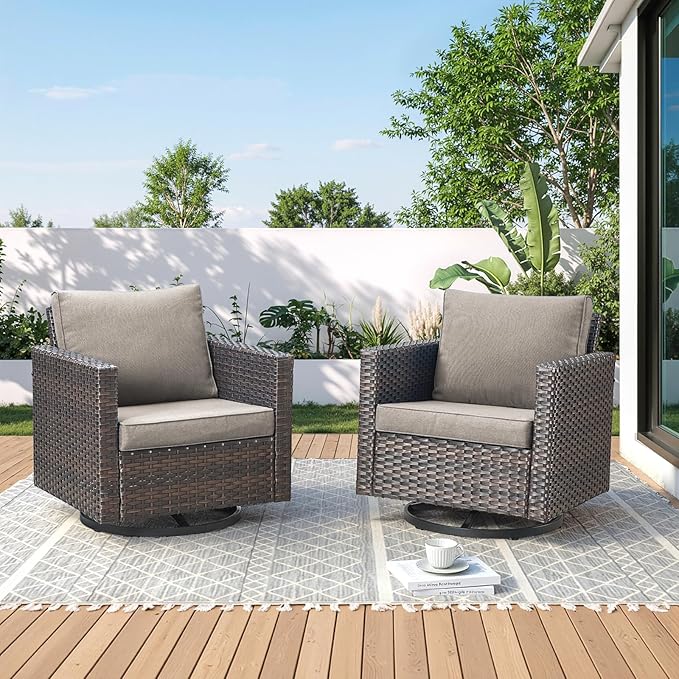 Wicker Swivel Rocker Patio Chairs-High Back Outdoor Swivel Chairs Set of 2 with Thickened Cushions Wide Armrest All Weather Patio Furniture Set for Deck Porch Balcony(Brown/Grey)