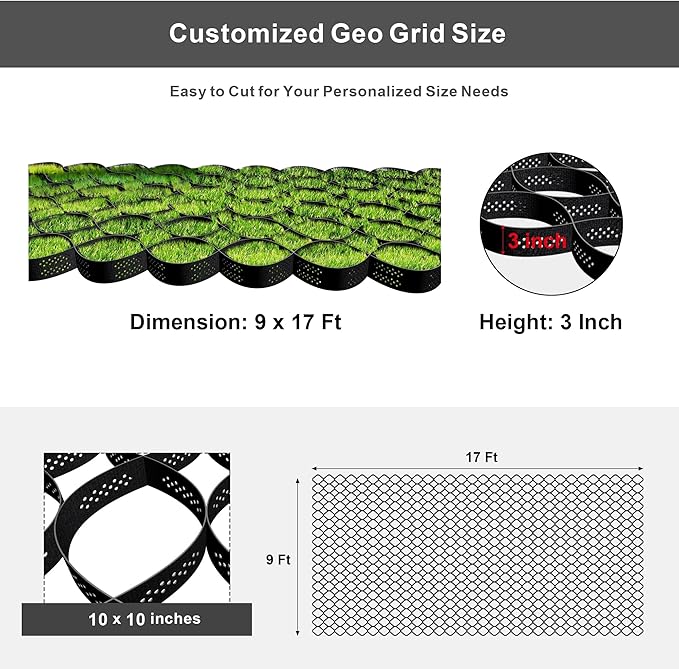 Geo Grid 3" Thick Gravel Ground Grid - 9 x 17 Ft Driveway Geocell with 1885 LBS Per Sq Load, Foldable Gravel Retainer Permeable Stabilizer for Driveways, Walkway, Slope Shed Base & Garden