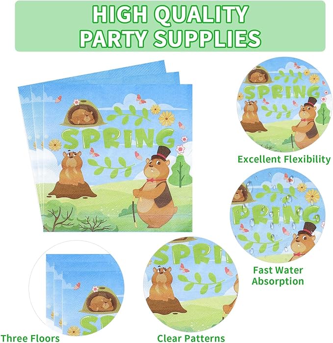 96Pcs Happy Groundhog Day Birthday Party Supplies 350 GSM Groundhog Plates and Napkins Tableware Sets Spring February 2nd Party Decorations for Groundhog Day Themed Baby Shower Party Favor,Servers 24