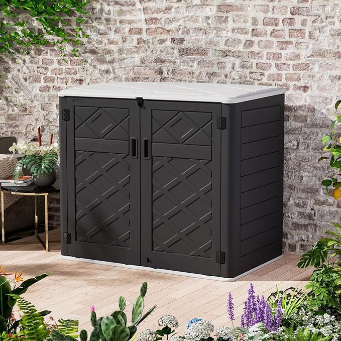 ZZM Large Outdoor Storage Shed, 48 Cu Ft Resin Versatile Storage Cabinet for Patio Accessories, Trash Cans & Garden Tools, Durable Horizontal Storage Box with Lockable Lid (Black)