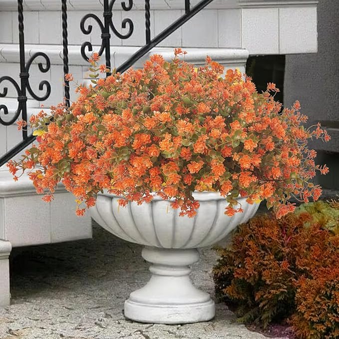 12 Bundles Artificial Fall Flowers for Outdoors, Artificial Plants UV Resistant Fall Fake Mums Plants for Outside Halloween Christmas Porch Decoration ecorations (Fall Red)