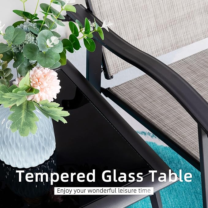 Vongrasig 3 Piece Outdoor Rocking Bistro Set, Textilene Fabric Small Patio Furniture Set, Front Porch Rocker Chairs Conversation Set with Glass Table for Lawn, Garden, Balcony, Poolside (Taupe)