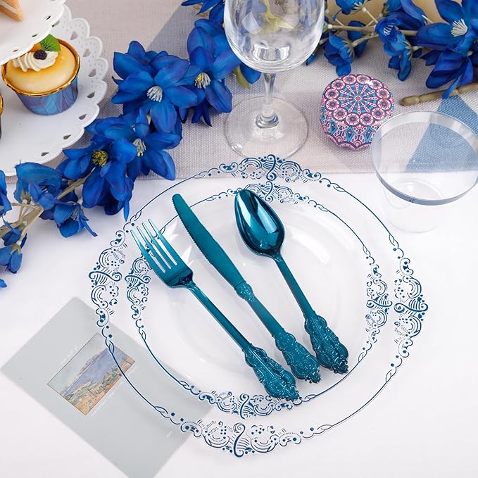 Hioasis 175pcs Clear Blue Plastic Plates - Elegant Disposable Dinnerware Set Suitable for 25 Guests Include 10.25" Dinner & 7.5" Dessert Plates, Pre Rolled Silverware Set, Cups for Party & Wedding