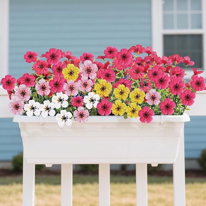 14 Bundles Artificial Flowers UV Resistant for Patio Outdoors Fake Faux Silk Plants Realistic Plastic Flowers Indoors Porch Window Decoration (14, Mixed Fuchsia Purple Yellow Red Lilac Pink White)