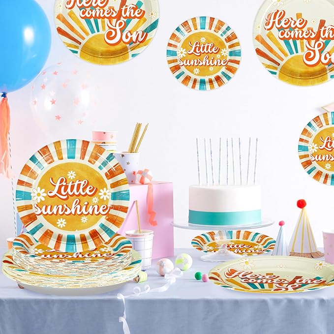 96Pcs Here Comes The Son Baby Shower Decorations Boho Retro Sun and Sunshine Plates and Napkins Sets First Trip Around The Sun Decorations Favor for Boys Sunshine 1st Birthday Party Supplies Serve 24