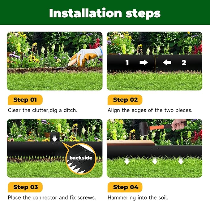 Black Steel Garden Edging with Top Bending Protection Metal Lanscape Edging Steel Garden Lawn Edging 40 inch Strips, Metal Edging for Garden,Lawn,Backyard, 6 Pack (10 inch-180 Degree Bend, Black)