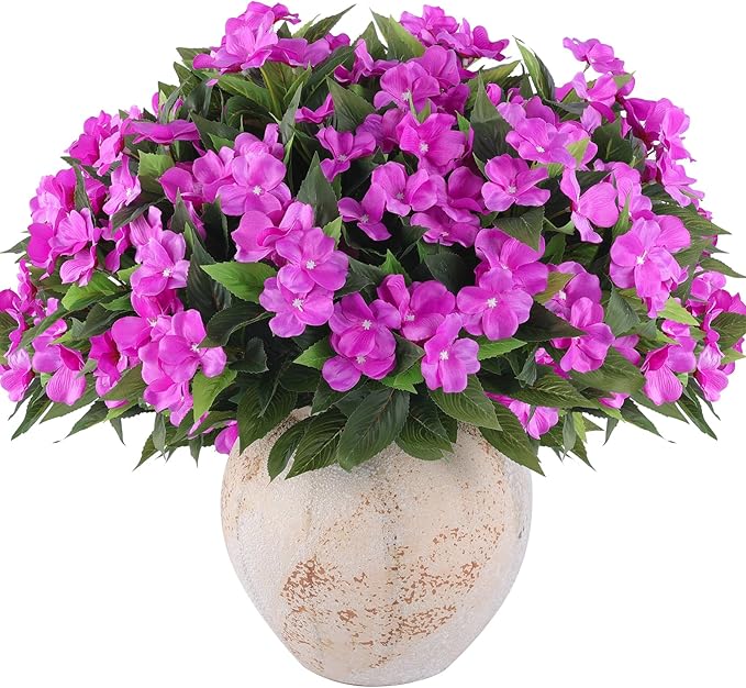 Artificial Flowers for Outdoors Silk Impatiens Flowers Faux Flowers Impatien Bushes Artificial Impatiens for Pot Patio Lawn Garden Hanging Basket Porch Decor (8, Purple)