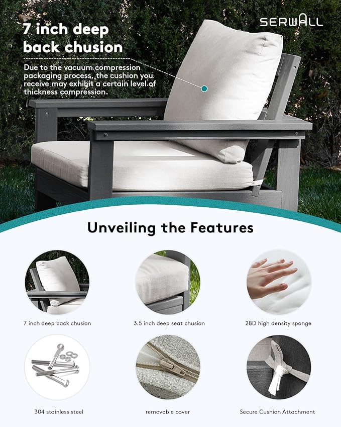 SERWALL Outdoor Patio Sofa Set, 2-Piece HDPE Single Seat Outdoor Sofa Chair with Padded Cushions, Gray Frame with Beige Cushion