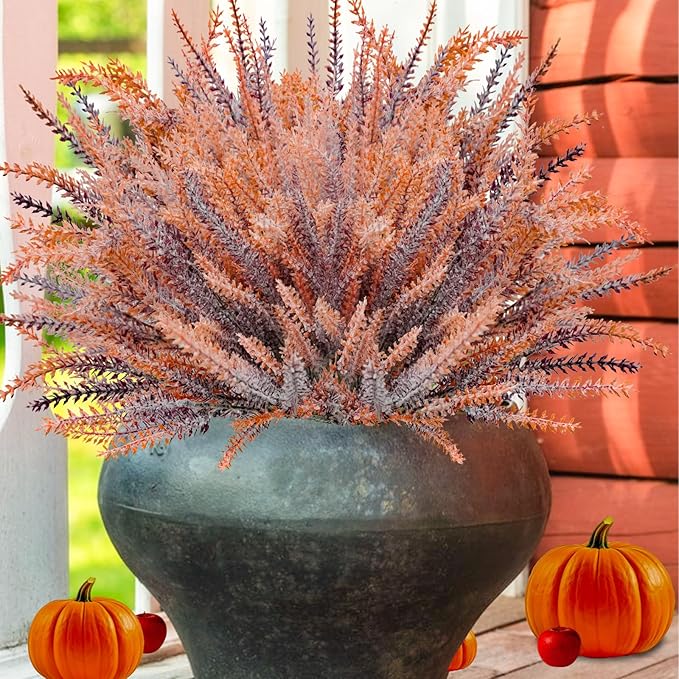 30 Bundles Artificial Fall Flowers Outdoors Fake Fall Lavender Flowers UV Resistant Plastic Faux Fall Plants for Indoor Home Porch Autumn Thanksgiving Fall Decorations (Brown)