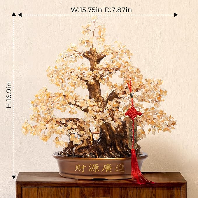 Natural Citrine Gemstone Crystal Bonsai Tree of Life （1,300 Gemstone Count） Large Feng Shui Money Chakra Tree for Luck and Wealth Desk Decoration 18 Inches