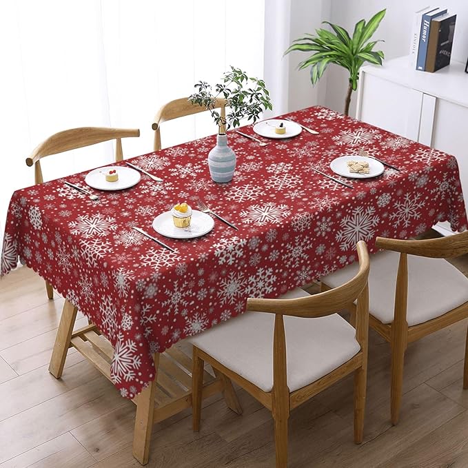 Christmas Snowflake Tablecloth for Dining Tables, Reusable Red White Snowflakes Table Cloths Tabletop Decoration Winter Holiday Xmas Rectangle Table Cover for Home,Kitchen,Party,54x72 Inch