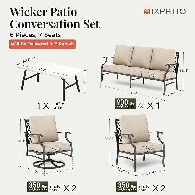 Patio Furniture Set 6 pcs, Outdoor Patio Furniture, 1 X 3-Seat Sofa, 2 X Single Chairs, 2 X Swivel Chairs, 1 X Coffee Table and 5.75" Extra Thick Cushion, Patio Conversation Set,Beige