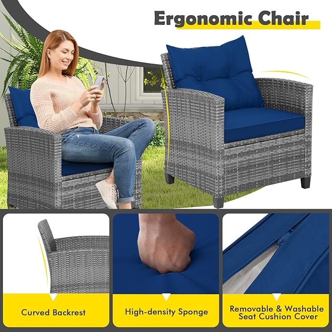 HAPPYGRILL 3 Pieces Patio Conversation Set, Outdoor Furniture Set PE Rattan Sofa Set with Removable Cushions, PE Wicker Chairs with Tempered Glass Side Table for Porch Lawn Garden Balcony Backyard