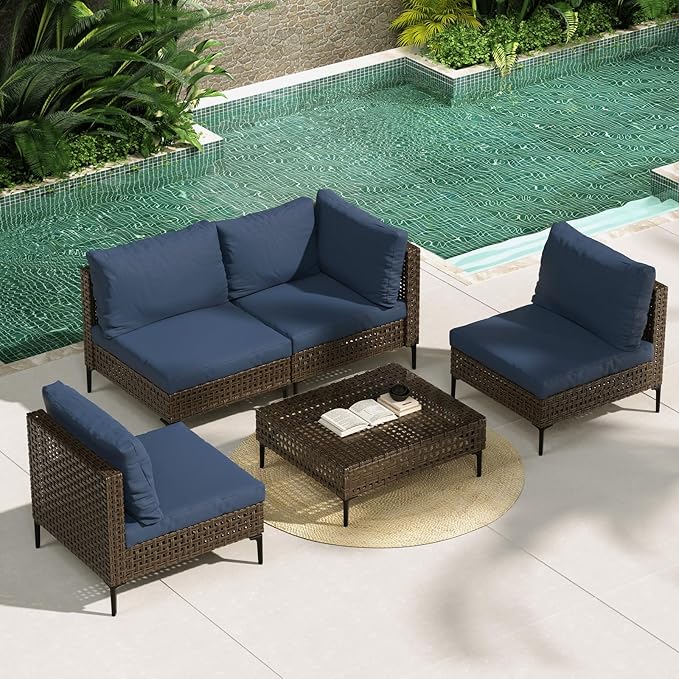 Grand patio 5-Piece Wicker Patio Furniture Set, Retro Outdoor Sectional Sofa with Water Resistant Blue Thick Cushions Coffee Table, Brown