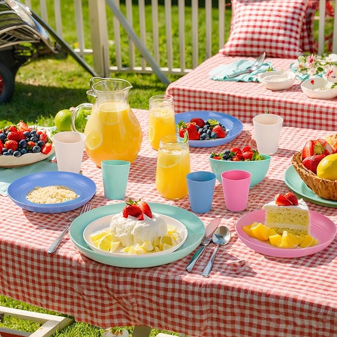 LIYH 48 Pcs Wheat Straw Dinnerware Plates and Bowls Set Dishwasher Safe Unbreakable Light Weight Plates Service for 12 Reusable Dinnerware Set Multicolor Set Dish Set