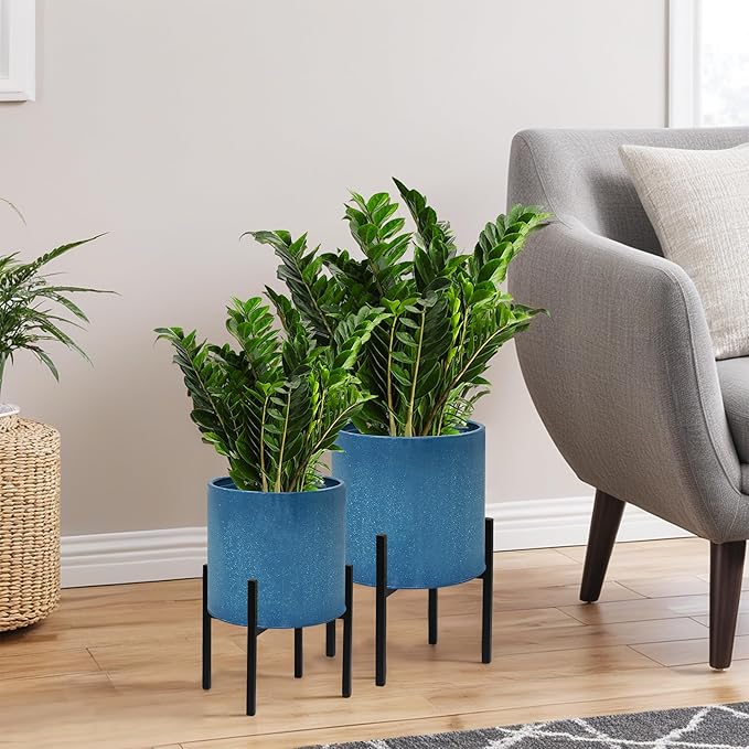 ARNIS Modern Plant Pots, Set of 2 Large Planters with Stand, Decorative Planters, Metal Pots with Drainage Holes for Living Room, Office, Garden or Balcony, 8.25 &10.5 Inch, Blue