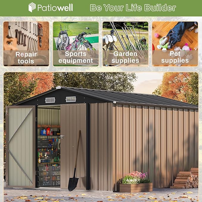 Patiowell 8x10 FT Outdoor Storage Shed with Floor Frame, Large Garden Tool Metal Shed with Sloping Roof and Double Lockable Door, Outdoor Shed for Backyard Garden Patio Lawn,Brown