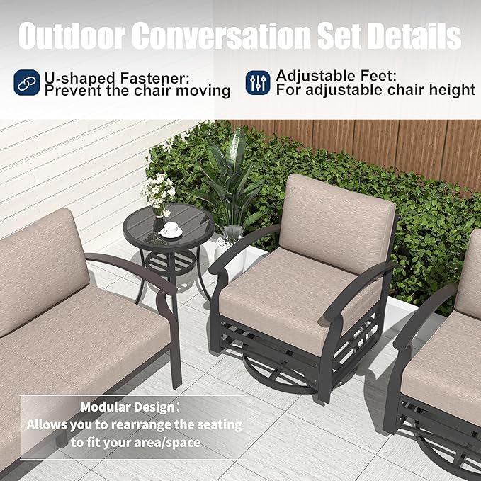 Kurapika Aluminum Patio Furniture Set 5-Seat Modern Metal Outdoor Conversation Sets w/5.1 Inch Cushion Patio Sectional Sofa, Sand