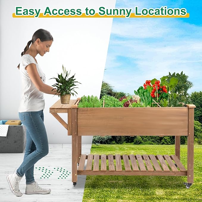 Raised Garden Bed with Wheels, Wood Elevated Garden Box with W-Connection Tabs，for Vegetable, Flower, Herb, Large Storage Shelf, Easy to Assemble, 55.5x24x32in