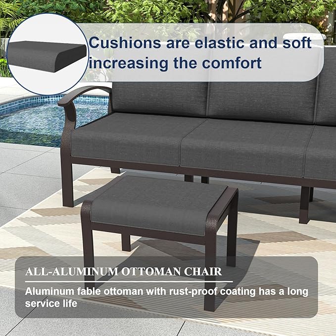 Kurapika Patio Furniture Set 8-Piece Aluminum Sectional Sofa with Armrest, Modern Outdoor Conversation Set, Metal Corner Sofa with Ottoman, Black