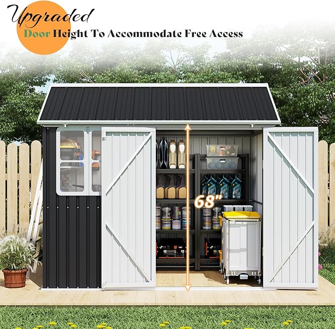VanAcc 8.6x6x8 FT Outdoor Storage Shed with Lockable Hinged Double Doors and Upgraded Vents, Metal Shed for Backyard, Garden, Patio, Dark Black/White