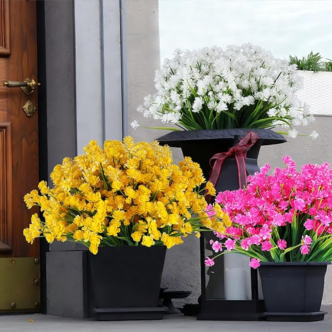 Artificial Fake Flowers, 16 Bundles Outdoor UV Resistant Greenery Shrubs Plants Indoor Outside Hanging Planter Home Garden Decorating (Yellow-Daffodil)