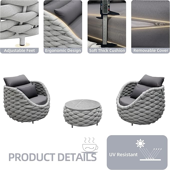 TWT 3 Pieces Aluminum Patio Furniture Set, Hand Woven Polyester Rope Modern Outdoor Furniture w/Washable Cushion and Rock Slab Tabletop, Conversation Sofa Set for Livingroom Poolside Balcony (Grey)