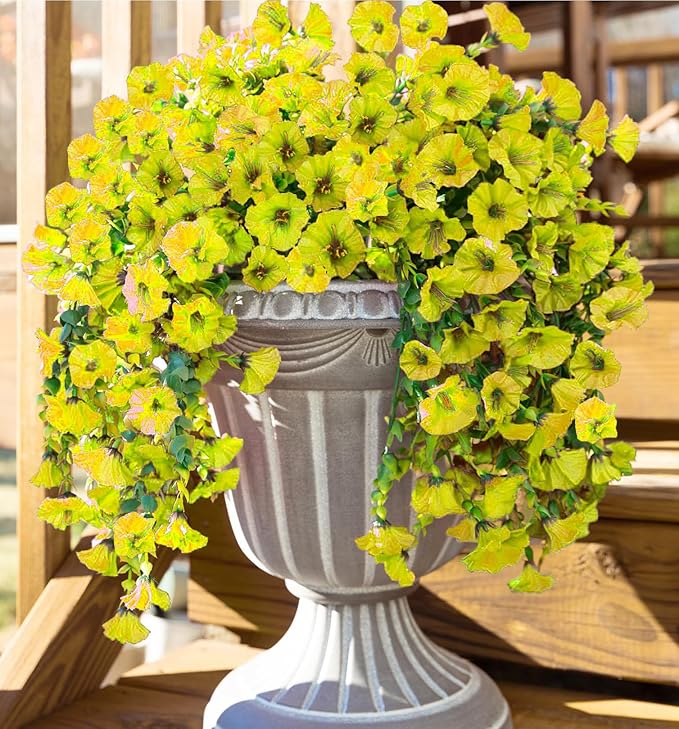 6-Pack Outdoor Faux Plants, 69-Flowered Large Morning Glory, Uv-Resistant Artificial Morning Glory,Perfect for Outdoor Decoration in All Seasons Such as Porches and Gardens (Yellow)