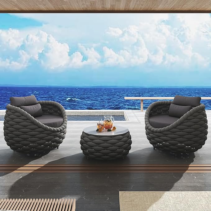 TWT Aluminum Outdoor Patio Furniture Set, 4 Pcs Textilene Armchairs Modern Outdoor Conversation Set Outdoor Single Sofa with Upgrade Cushion and Coffee Table for Balcony, Dark Grey