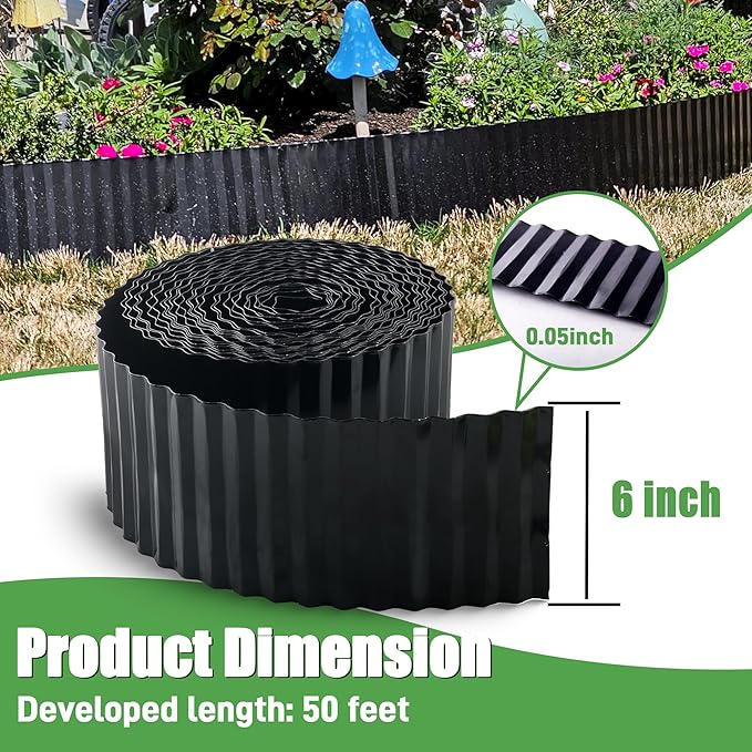 Metal Corrugated Garden Edging, Landscape Edging for DIY Flower Beds, Flexible Bender Border for Lawn, Garden and Yard, Galvanized Garden Edging (Black, 6 Inch x 50FT)
